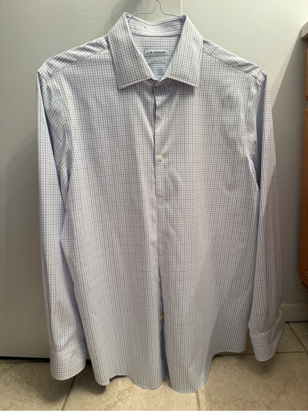 Haggar Men's Light Blue and White Windowpane Dress Shirt